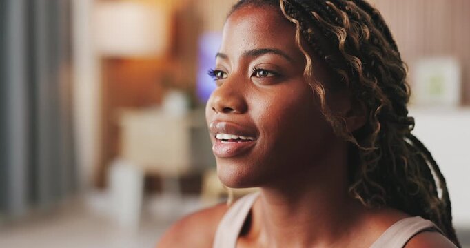 Happy, breathe and black woman in home with calm, peace and zen mindset for morning routine. Apartment, wellness and person with breathing exercise for healing, meditation or mindfulness to start day