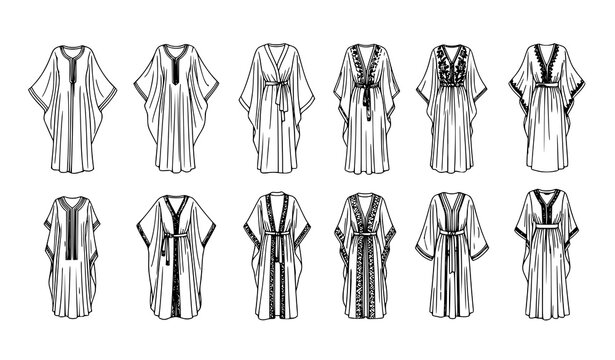 Kaftan sketch line icon set with fashion dress outline vector illustration isolated on white background