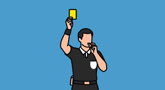 Football Referee Showing Yellow Card and Blowing Whistle on Blue Background, Disciplinary Action