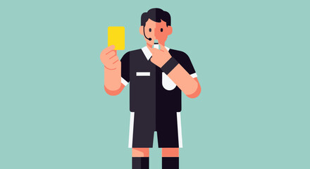 Male Soccer Referee Blowing Whistle and Showing Yellow Card on Green Background © Pendi