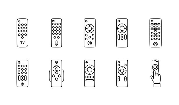 Smart TV remote line icon set with electronic control outline vector illustration isolated on white background