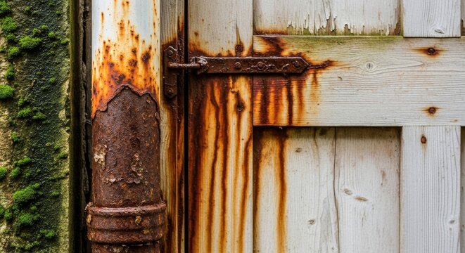 Rusty drainpipe and weathered door texture