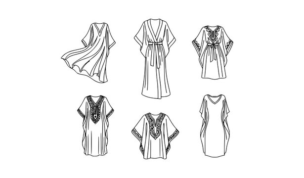 Minimal kaftan sketch line art illustration set with elegant fashion dress icons for cultural clothing design isolated on white