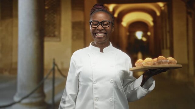Woman chef holding tray of muffins and waves hand in building corridor, wearing white uniform and glasses, smiling broadly; warm hospitality joy.