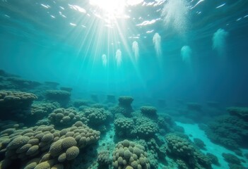 Naklejka premium Aerial View of Captivating Coral Atoll Lagoon with Turquoise Blue Waters and Delicate Reef Life