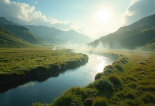 Broad Valley Serenity with Flowing River and Soft Rolling Hills