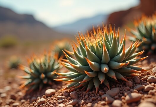 Closeup of Xerophyte Plants Displaying Unique Adaptations in Harsh Desert Conditions