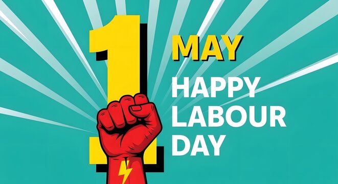 Happy labour day illustration with a raised fist and number one