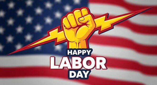 Happy labor day illustration with fist and lightning bolt