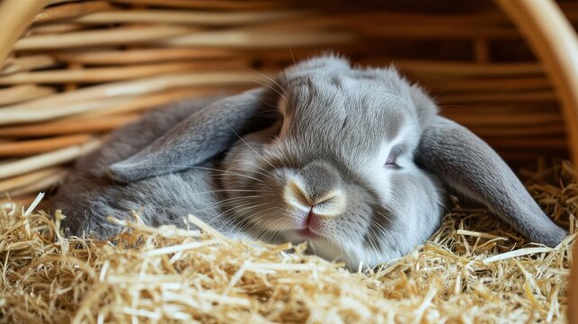 A resting mini lop rabbit with grey and white fur