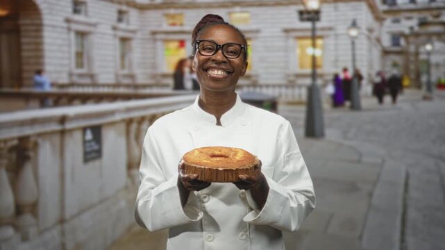 Young woman cook in chef uniform smiling and holding cake with hands on a historic cobblestone city street; pride baking celebration.