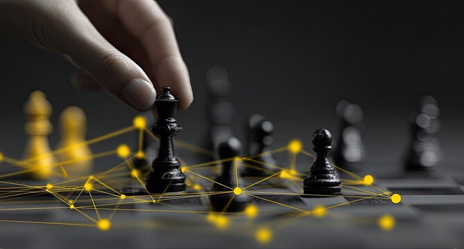 Close-up of a hand moving a black queen chess piece on a board, interconnected lines