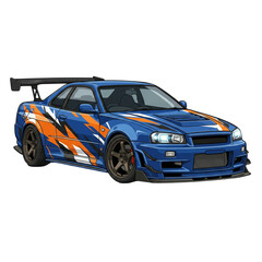 Naklejka premium Sports car with blue and orange racing stripes on white background 
