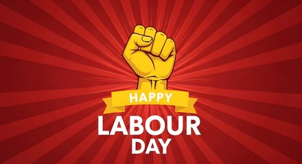 Happy labour day illustration with raised fist and red background