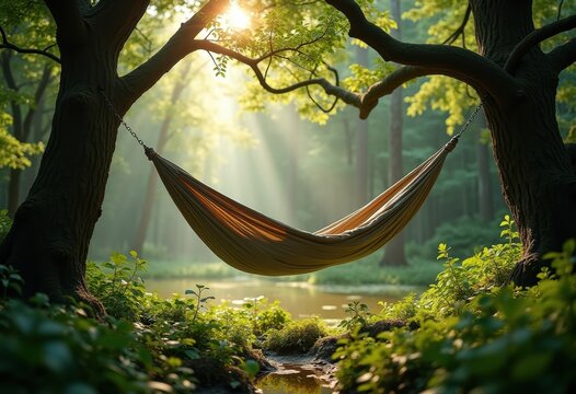 Elevated Hammock Rest Above Soft Swampy Setting Surrounded by Tall Trees Relaxing Retreat