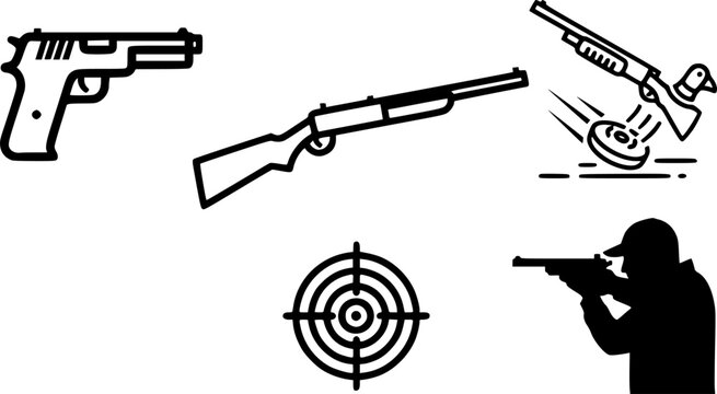Set of black line icons representing shooting sports and firearm activities, including a pistol, rifle, clay pigeon shooting, a target, and a person aiming a weapon