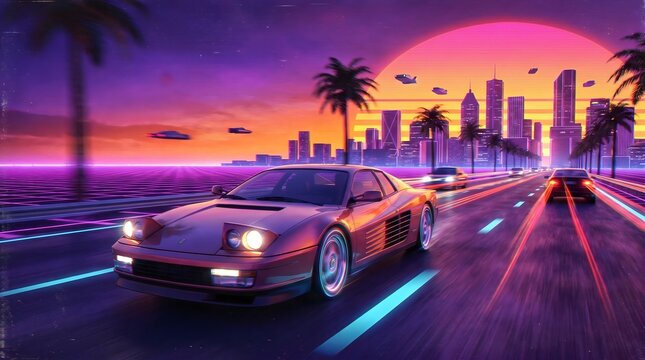 Classic sports car speeding on a highway with palm trees, flying cars, and a giant sunset in outrun cyberpunk and synthwave styles.