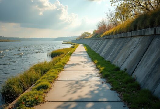 Intricate Levee Path Embankment Structure along Scenic River Edge with Inviting Walkway