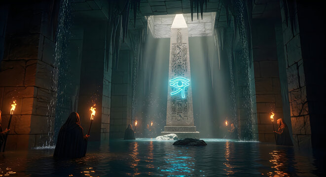 Ancient Egyptian tomb chamber with glowing Eye of Horus symbol and torchlight illumination