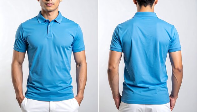 Man wearing a short-sleeved blue polo shirt and white pants