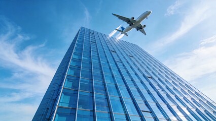 Obraz premium Airplane flying over a modern skyscraper building in the city