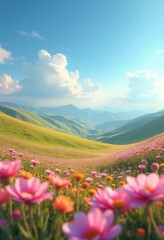 Obraz premium Rolling Hills Dotted with Wildflowers against a Bright Blue Sky Filled with Fluffy White Clouds