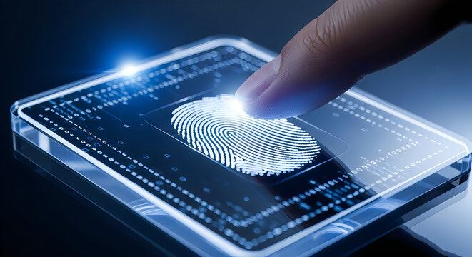 Fingerprint scanning on a futuristic digital interface for biometric authentication during data security