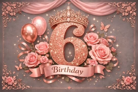 Elegant Rose Gold 6th Birthday Background with Glitter Number Tiara and Pink Roses