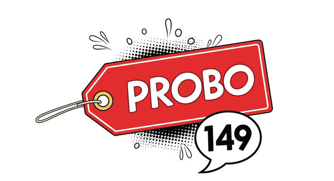 Red Price Tag With "PROBO" Text and "149" in Speech Bubble, Comic Style