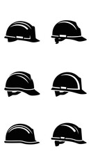 Fototapeta premium Set of Black Hard Hat Icons, Safety Helmets, Construction Worker Gear, Various Angles