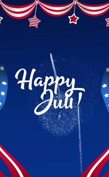 4th of july text, patriotic symbols, fireworks for celebrating independence day. Suitable for holiday marketing, social and media videos.