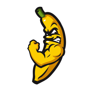 Strong Muscle Banana Flexing Arm Mascot Character