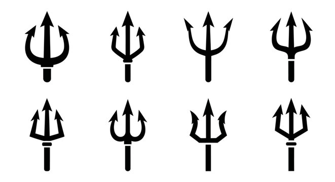Collection of Black Trident Icons, Symbolizing Power, Mythology, and Sea