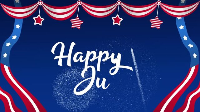 4th of july text, patriotic symbols, fireworks for celebrating independence day. Suitable for holiday marketing, social and media videos.