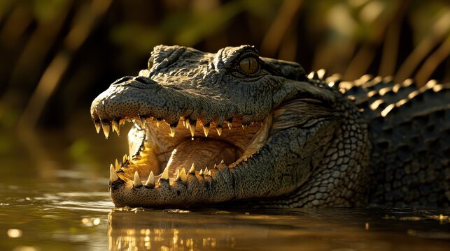 Crocodile with open mouth emerging from murky swamp water