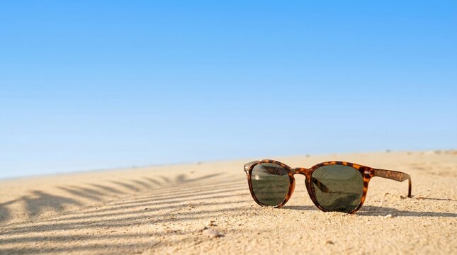 Sunglasses resting on a sandy beach with palm tree shadows