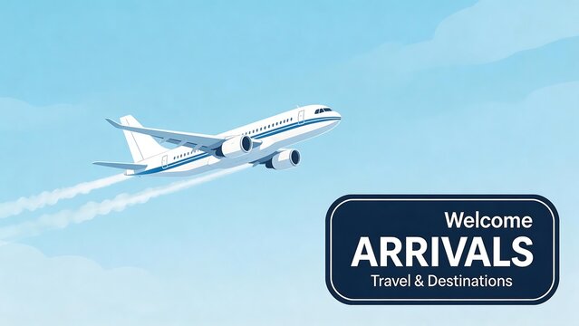 Airplane flying in sky with arrivals sign