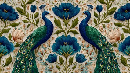 Fototapeta premium Seamless repeating pattern of hand-drawn peacocks and ornamental elements, ink + watercolor hybrid style, intricate feather details, floral accents integrated into composition