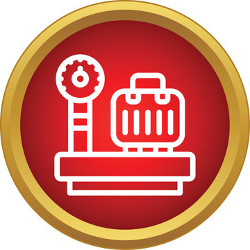 Luggage weighing on scales preparing for airport travel in a red circle icon