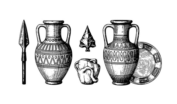 Ancient Greek artifacts amphora spearhead plate vector illustration
