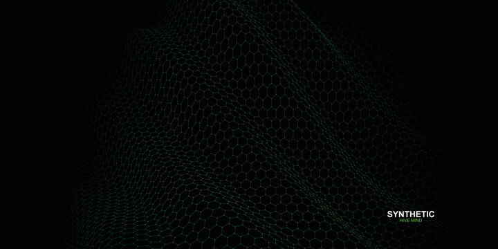 Synthetic, futuristic, dark background, green grid pattern, abstract design