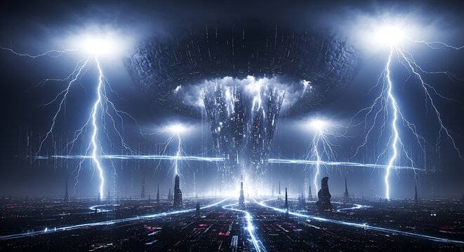 Epic Sci-Fi Cityscape Undergoing Cataclysmic Lightning Storm