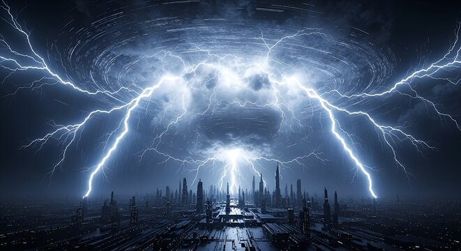 Epic Futuristic Cityscape Underneath a Massive Lightning Storm Vortex