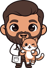 Obraz premium Veterinarian holding cat vector illustration featuring a friendly male doctor with a beard wearing a white medical coat and holding a cute small tabby kitten in a playful cartoon design style isolated