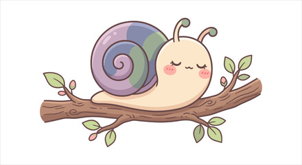 Adorable pastel snail peacefully sleeping on a gentle spring branch illustration © Sunnn