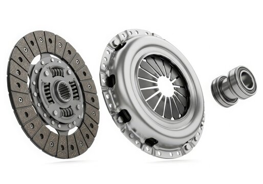 A close-up view of a clutch assembly with a pressure plate, disc, and bearing.