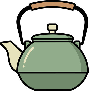 Kettle vector illustration showing a classic green metal tea pot with a handle and lid for brewing hot beverages isolated on a white background for kitchen design elements restaurant menus or cafe bra