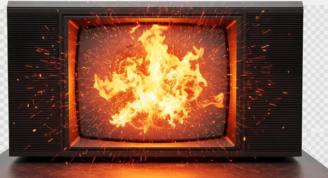 Vintage Television Exploding in Flames and Sparks, Retro Tech Failure Concept
