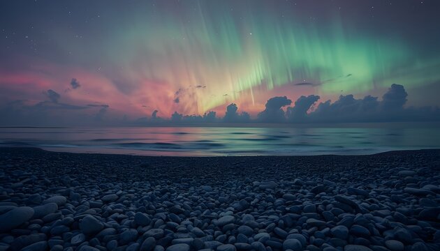 A serene rocky beach under a vibrant aurora borealis display in the night sky