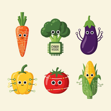 Cyber Vegetables: Carrot, Broccoli, Eggplant, Pepper, Tomato, Corn Characters